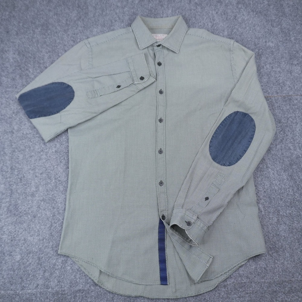 Zara Man Button Down Shirt Mens Size Medium Green Slim Fit Denim Elbow Patches